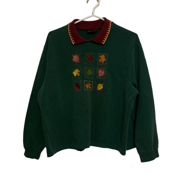 VINTAGE Fall grandma sweater self cropped waist band fall embroidered leaves - Picture 1 of 7